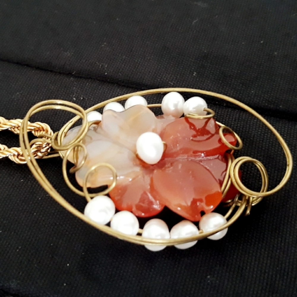 Vintage Carved Carnelian and Pearl Flower Pendant + Monet Chunky Gold Tone Chain - Picture 7 of 14